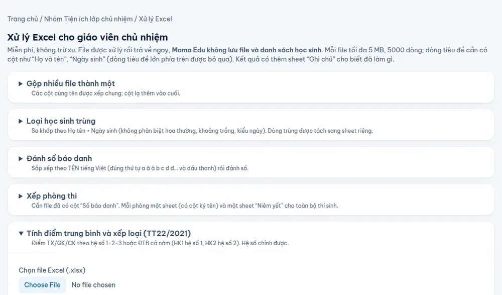 Moma Edu: xử lý Excel cho giáo viên chủ nhiệm
