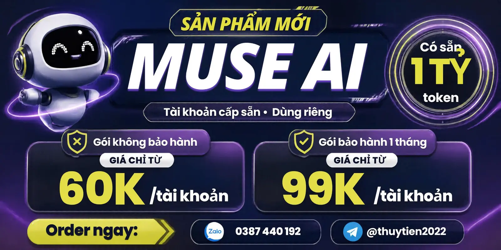 Muse AI: tài khoản cấp sẵn 1 tỷ token, dùng riêng, giá từ 60K