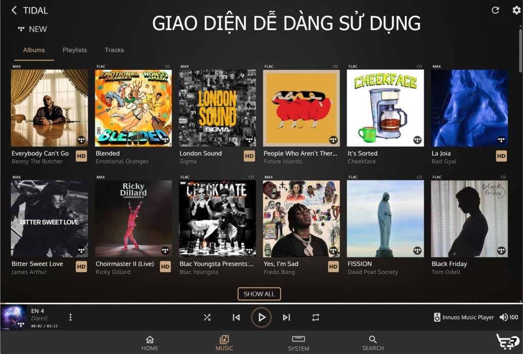 Giao diện phần mềm Tidal dễ dàng thao tác sử dụng