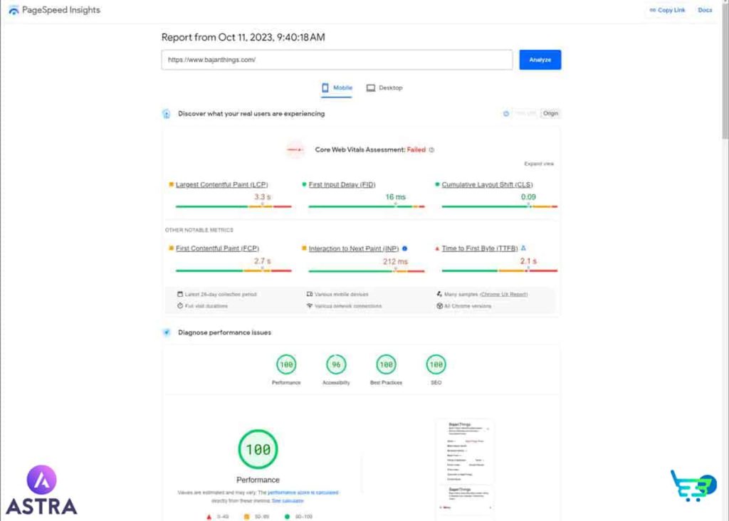 Tốc độ Pagespeed Insign đáng ngưỡng mộ từ 1 website xây bằng Astra Theme